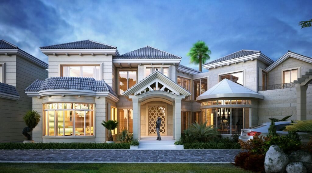 Modern brown house with wood panel facade in the evening