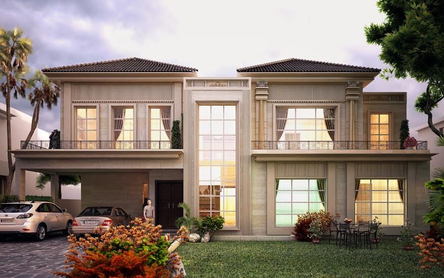 Modern house with wooden slats at dusk