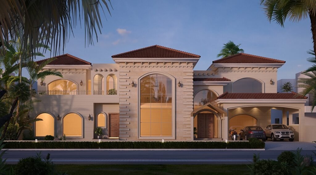 Villa with terracotta roof in the evening